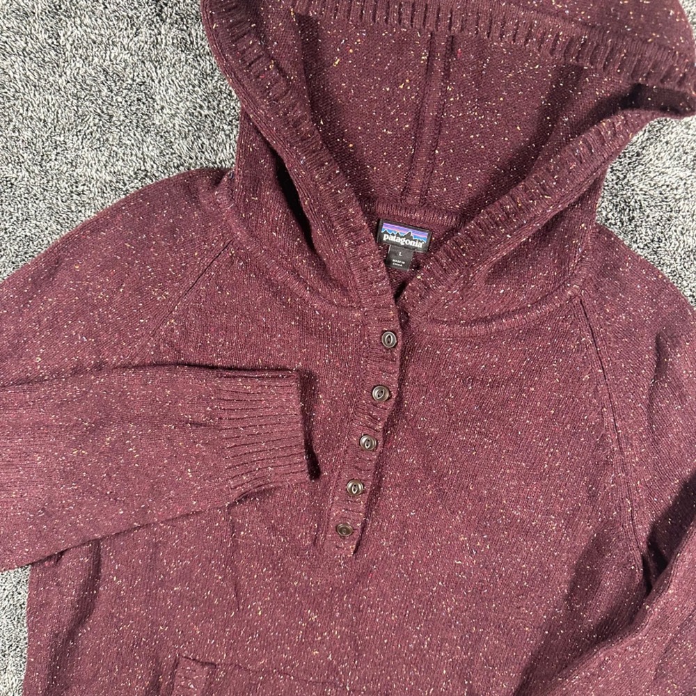 Patagonia Hoodie Womens L Henley Pullover Burgundy Speckled Knit Recycled Wool